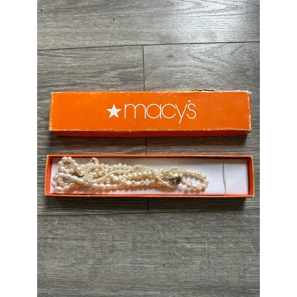 VINTAGE Macys Three Strand Cultured Freshwater Pearl Strand Necklace w/box